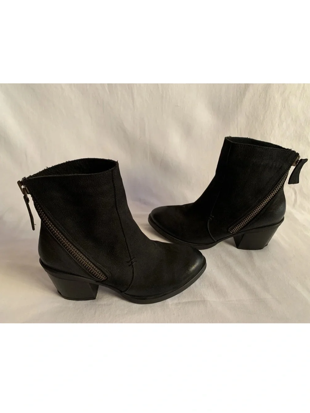 EUC ETHEM BLACK LEATHER SIDE ZIP CHUNKY HEEL ANKLE BOOTIES WOMENS EU36/US 5.5-6M